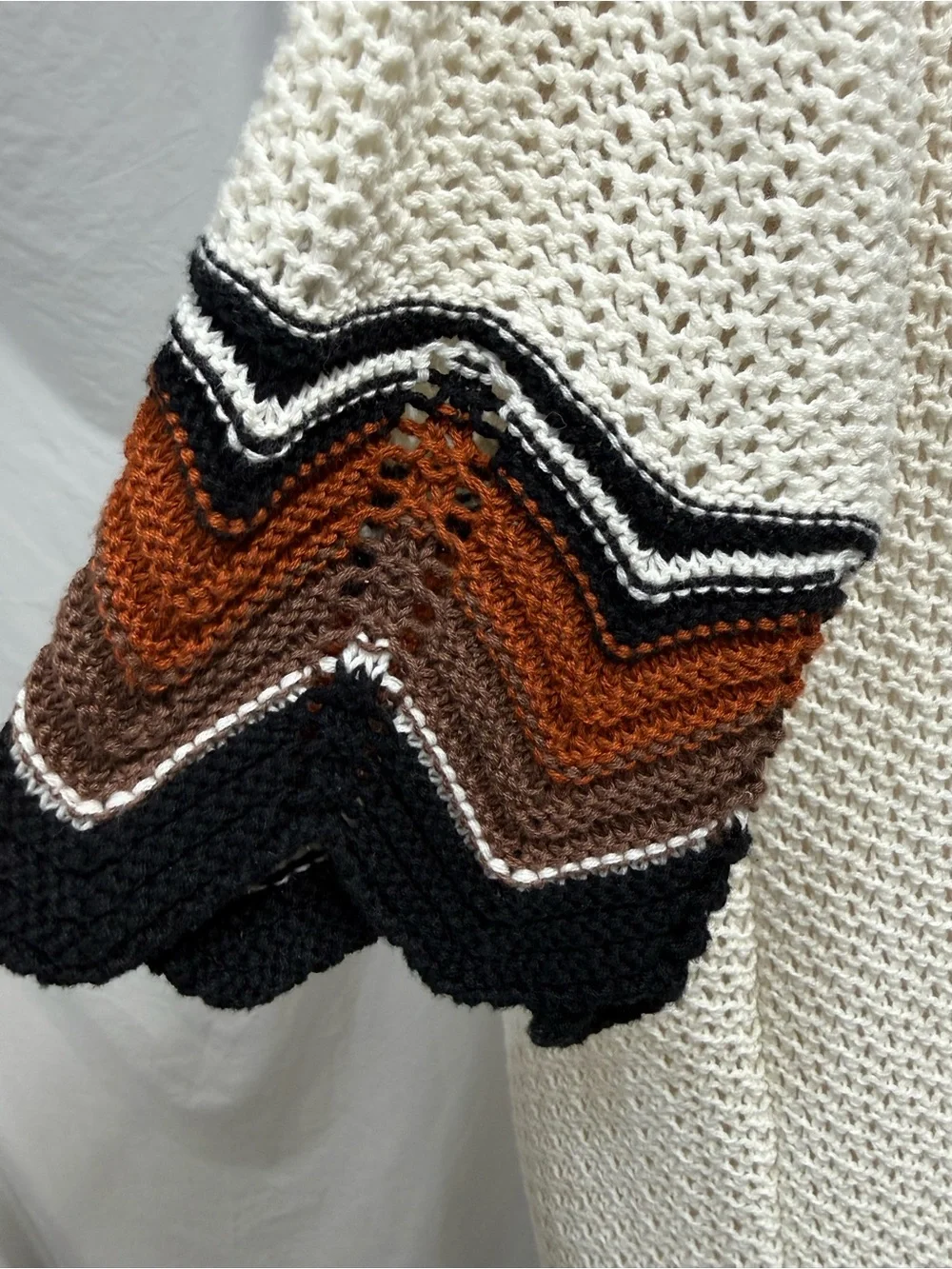 Long Open Knit Cardigan with Zig Zag Contrast Trim